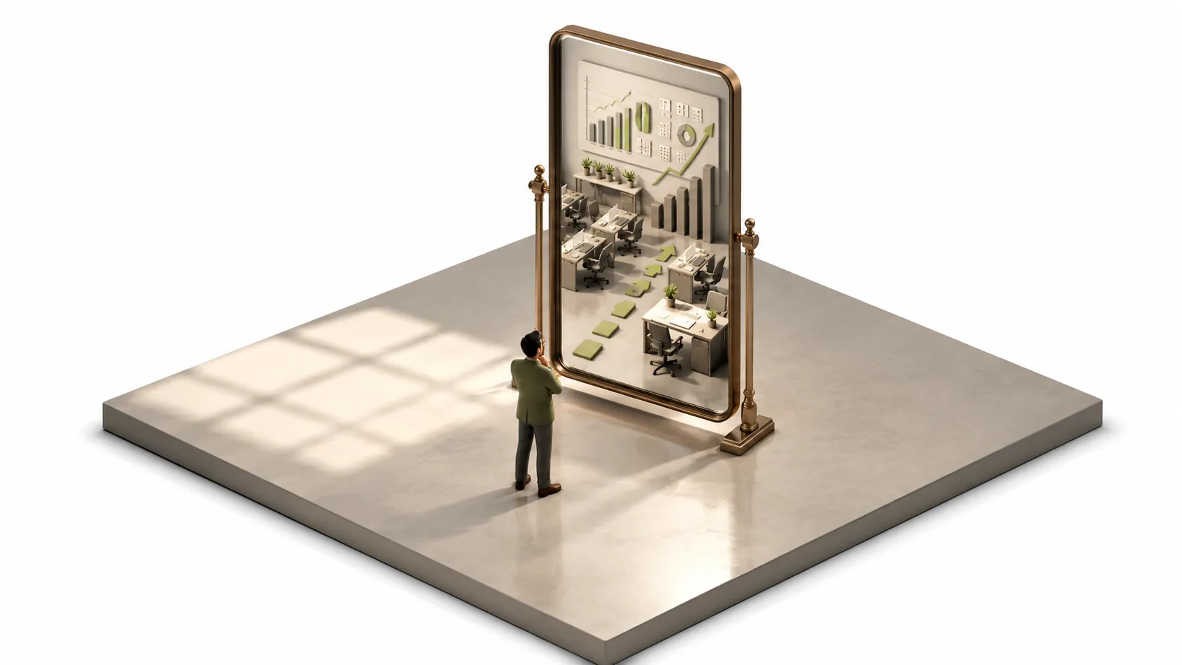 Executive looking into a high-resolution mirror that reflects organizational decision flows, symbolizing how AI exposes leadership quality.