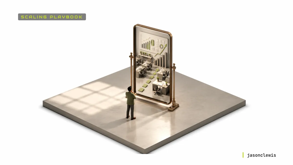Executive looking into a high-resolution mirror that reflects organizational decision flows, symbolizing how AI exposes leadership quality.