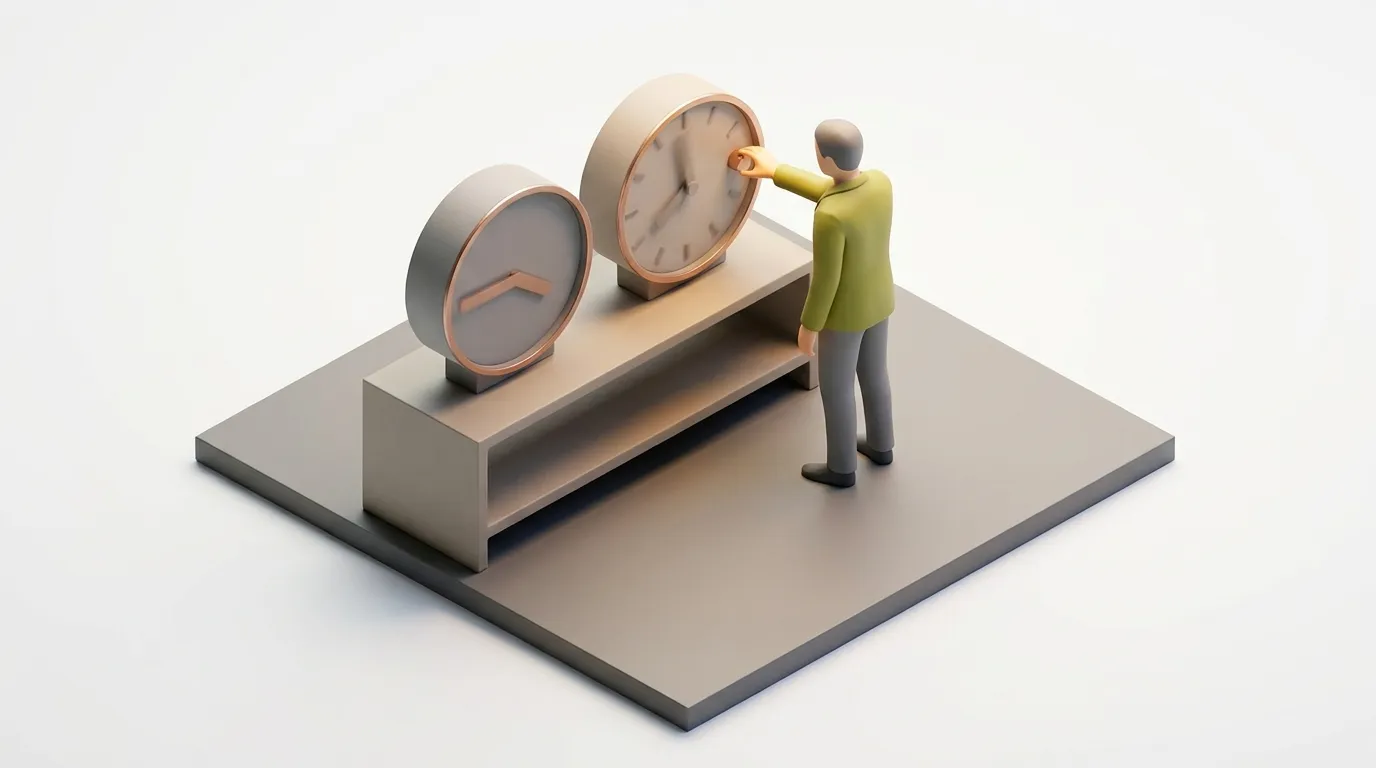 A stylized man adjusts a large clock, on a minimalist platform with another clock, conveying time management.