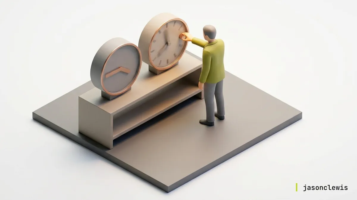 A stylized man adjusts a large clock, on a minimalist platform with another clock, conveying time management.