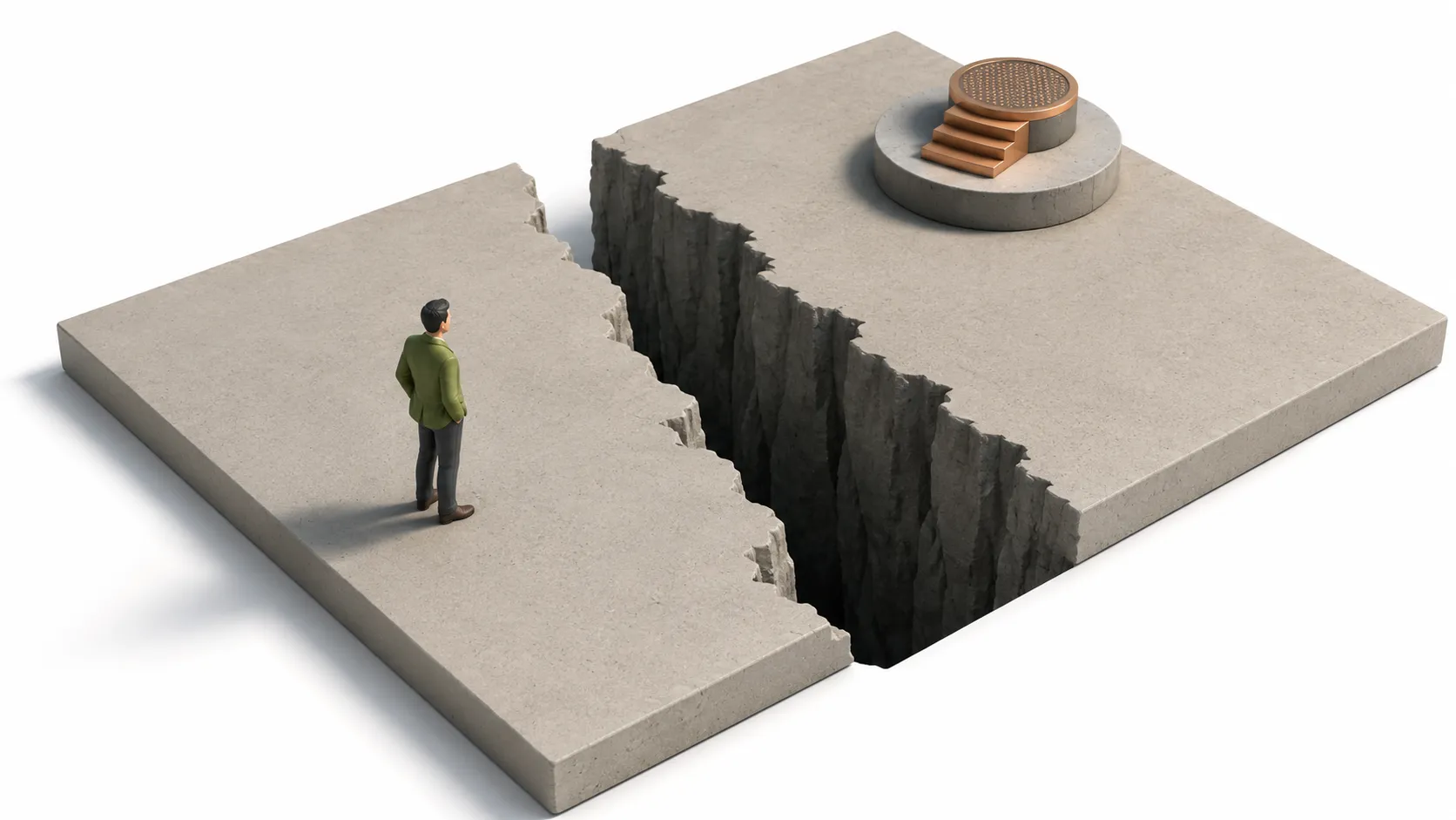 A widening gap separating a boardroom strategy session from an operational team, illustrating the distance where AI execution breaks down.