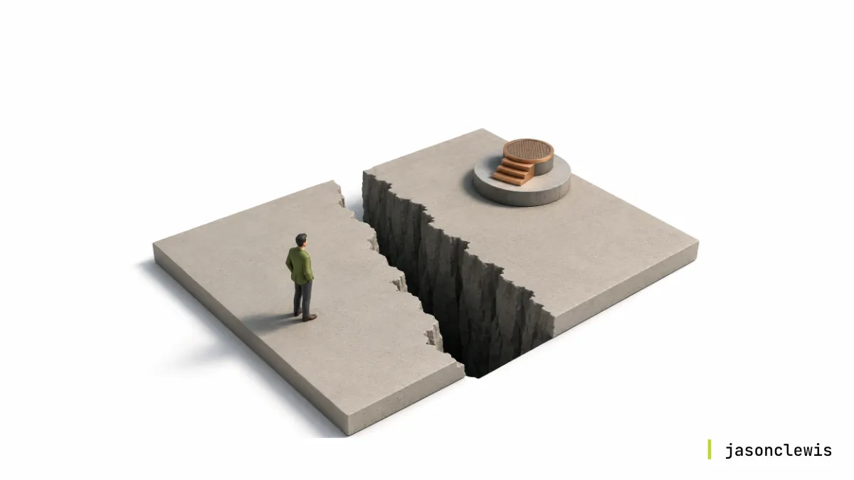 A widening gap separating a boardroom strategy session from an operational team, illustrating the distance where AI execution breaks down.