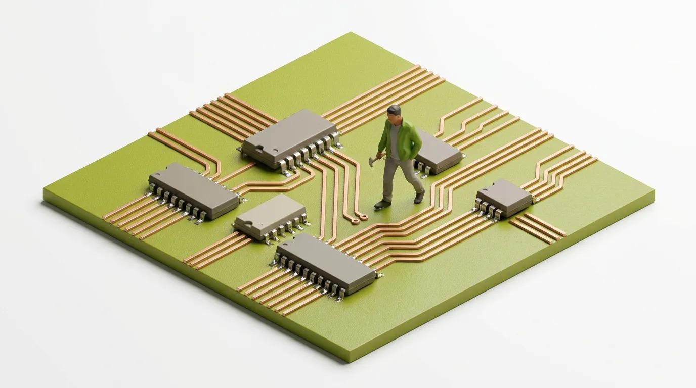 Miniature person with hammer walks on a green circuit board surrounded by microchips and copper traces.