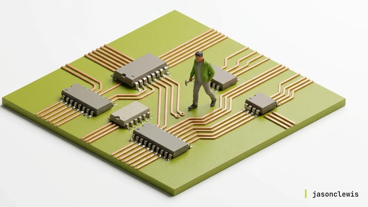 Miniature person with hammer walks on a green circuit board surrounded by microchips and copper traces.