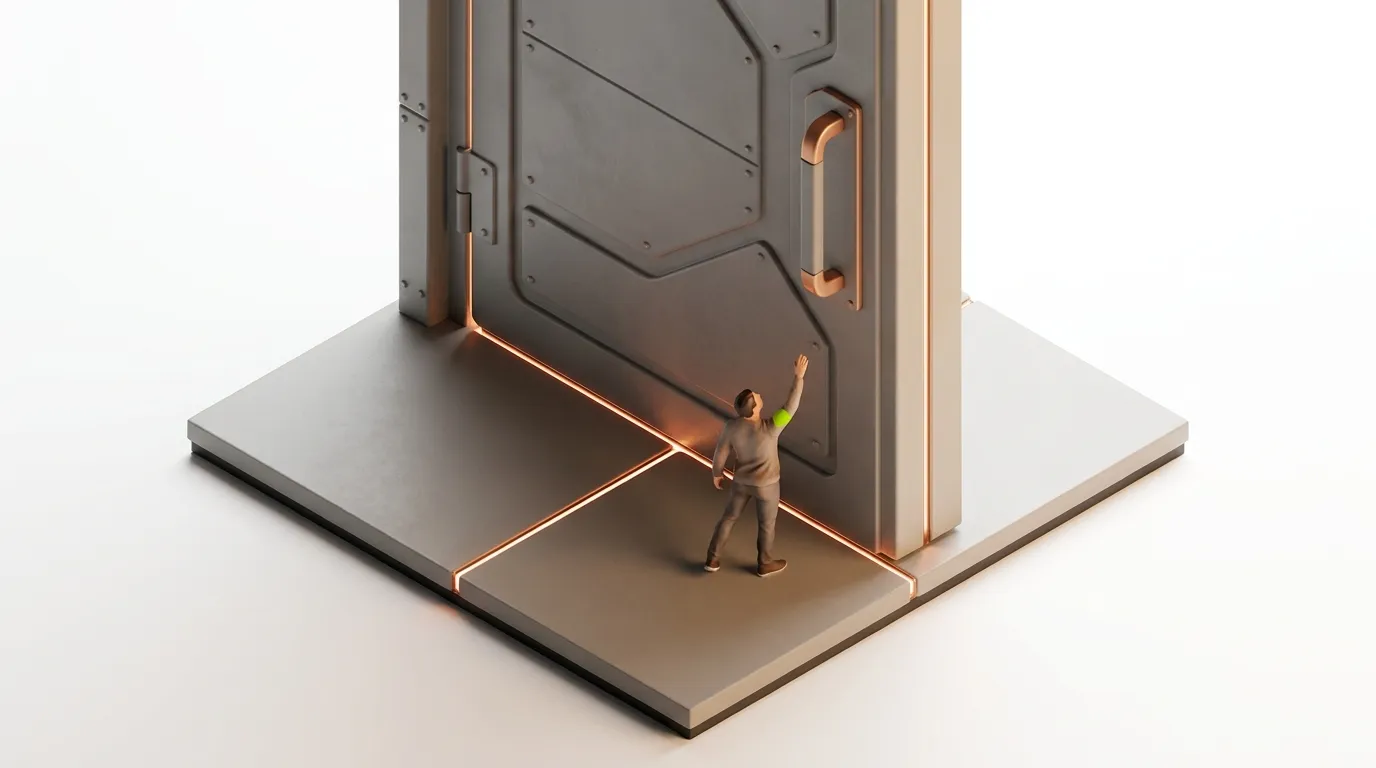 Small person reaching for a giant, futuristic, glowing doorway on a raised platform, symbolizing a challenging path.