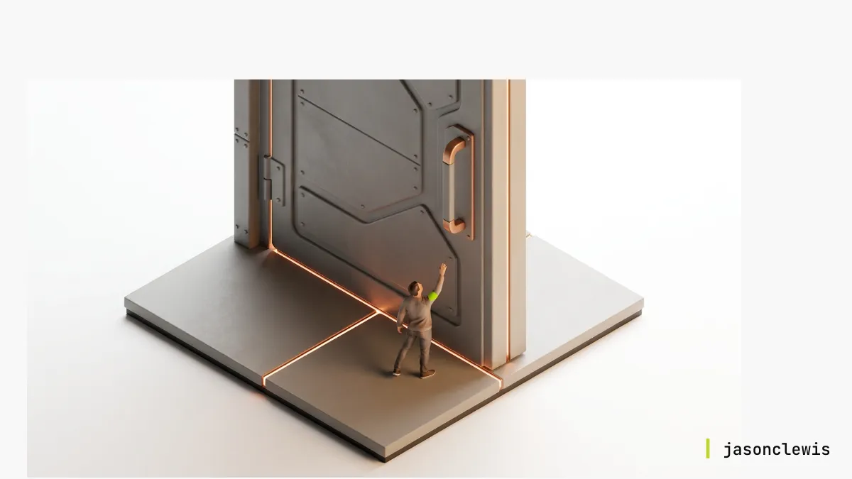 Small person reaching for a giant, futuristic, glowing doorway on a raised platform, symbolizing a challenging path.