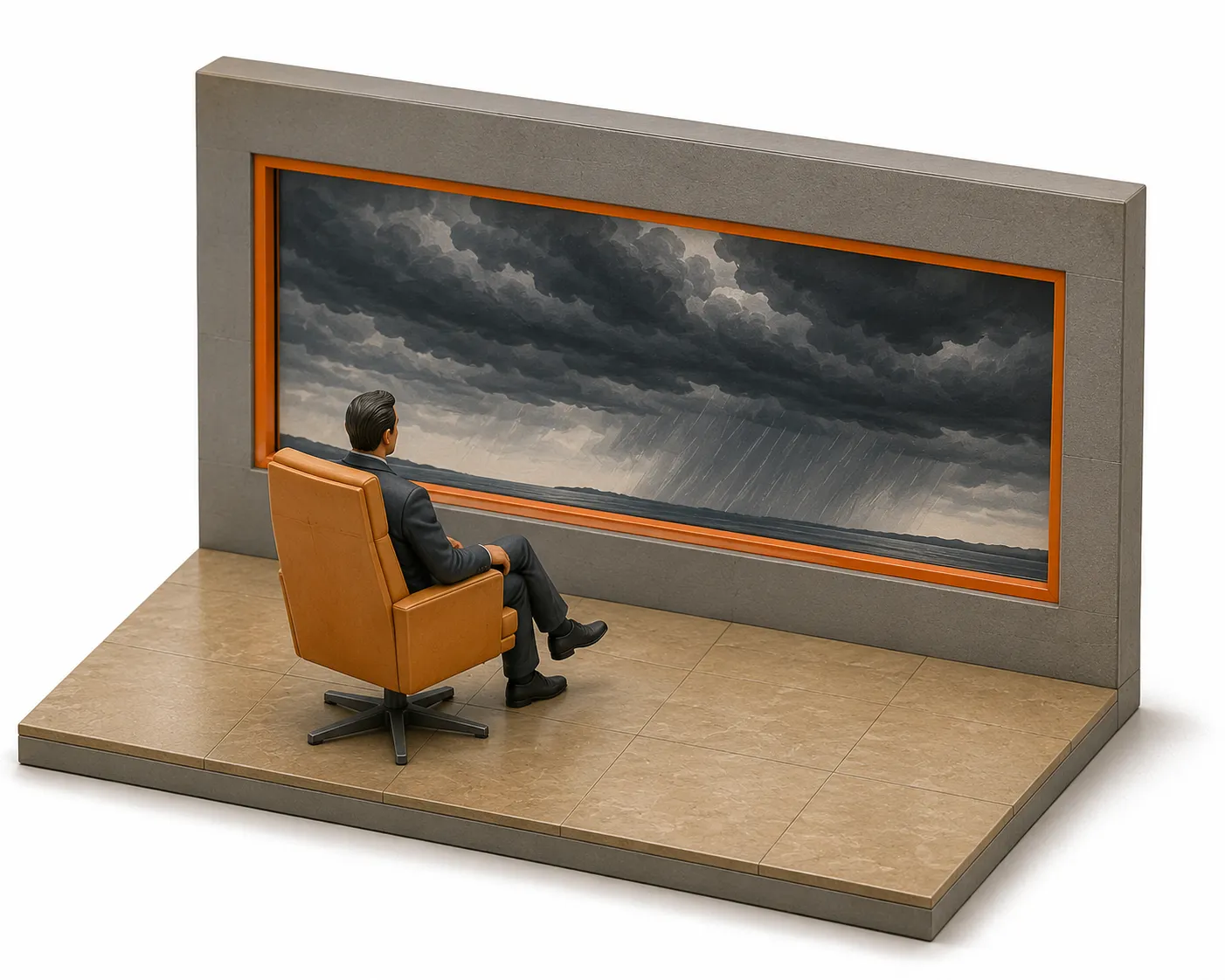 An executive at a desk reviewing an AI announcement through a structured decision frame rather than technical documentation.
