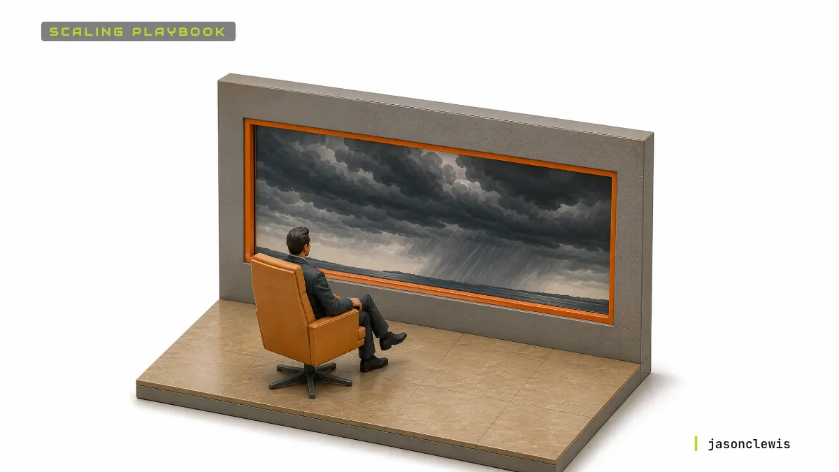 An executive at a desk reviewing an AI announcement through a structured decision frame rather than technical documentation.