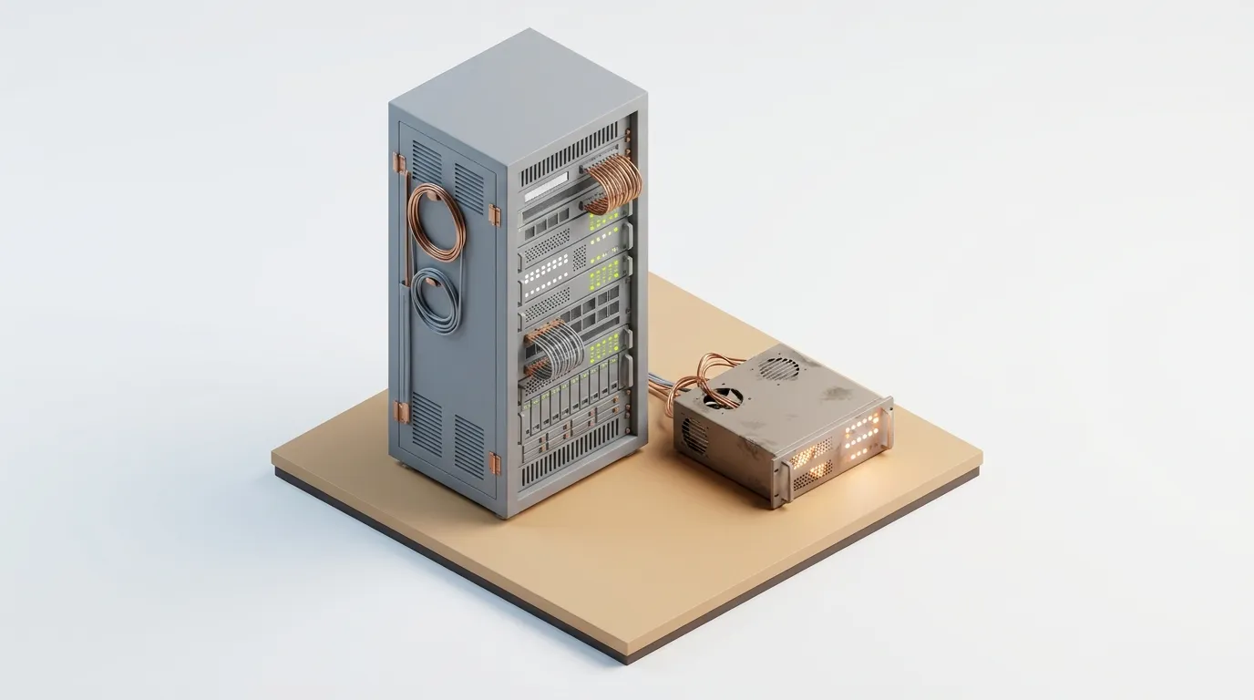 Isometric view of a server rack connected to a dusty, glowing, and likely failing piece of infrastructure.