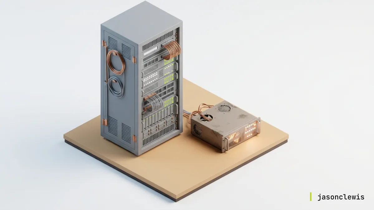 Isometric view of a server rack connected to a dusty, glowing, and likely failing piece of infrastructure.