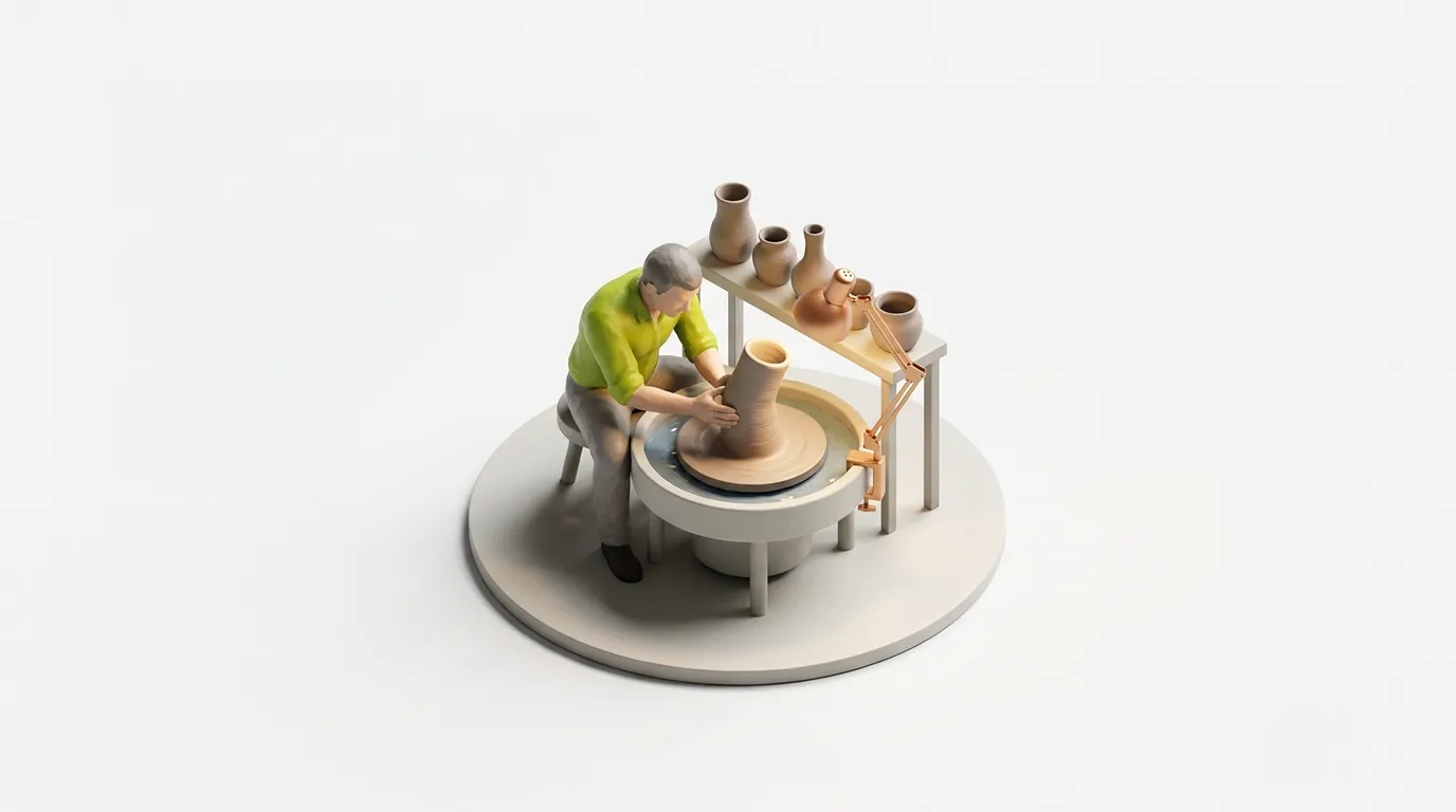 Miniature diorama of a potter in a green shirt shaping a pot on a wheel, surrounded by finished pottery.