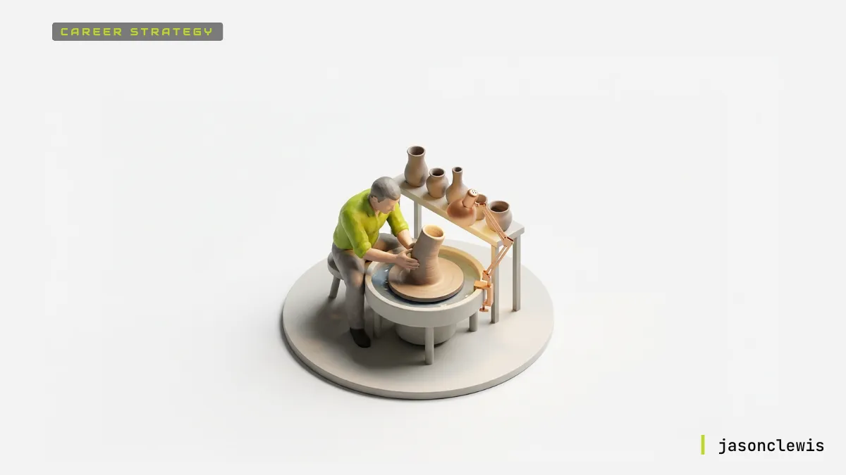 Miniature diorama of a potter in a green shirt shaping a pot on a wheel, surrounded by finished pottery.