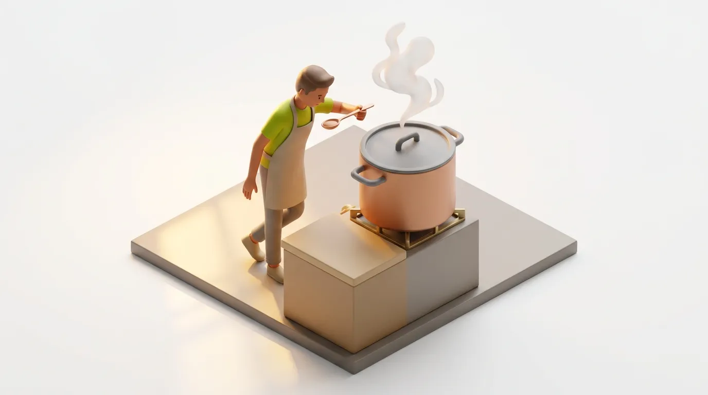 Stylized man in apron carefully tastes steaming contents from a large pot on a minimalist stove.