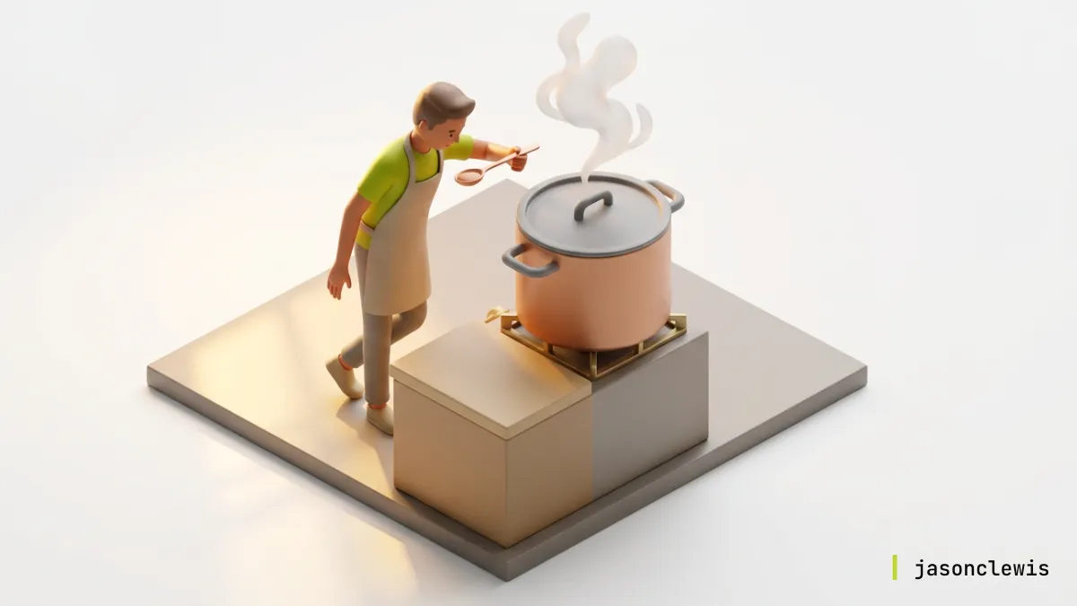 Stylized man in apron carefully tastes steaming contents from a large pot on a minimalist stove.