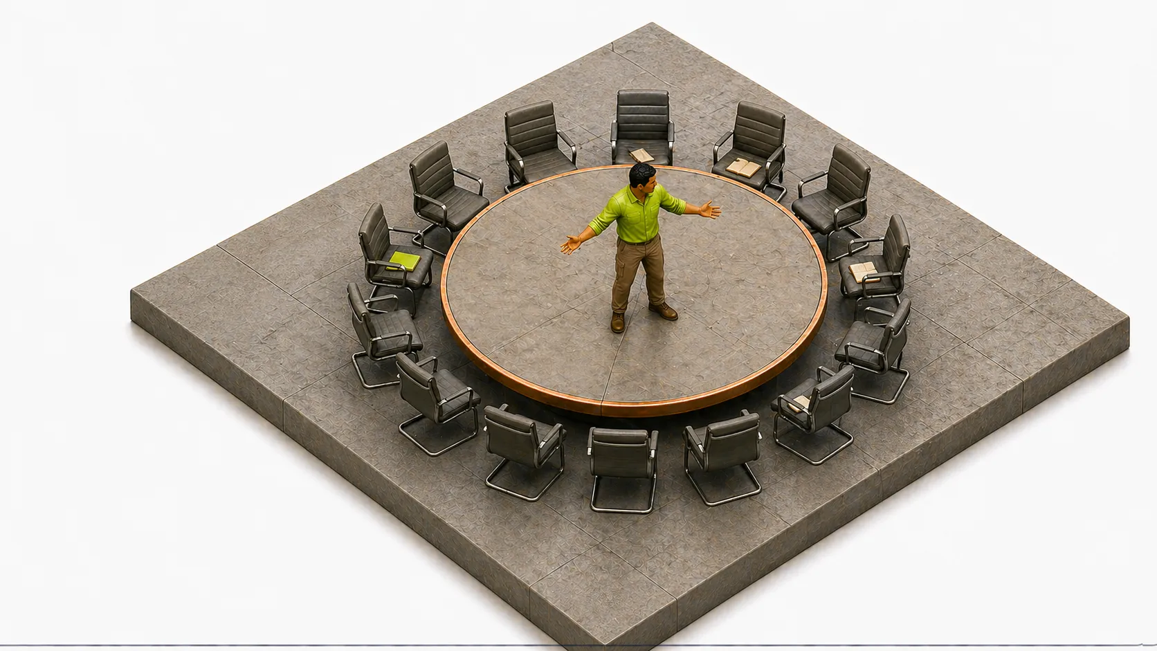 Founder at a desk translating handwritten board-meeting directives into a prioritized list of operational tasks with owners and deadlines.