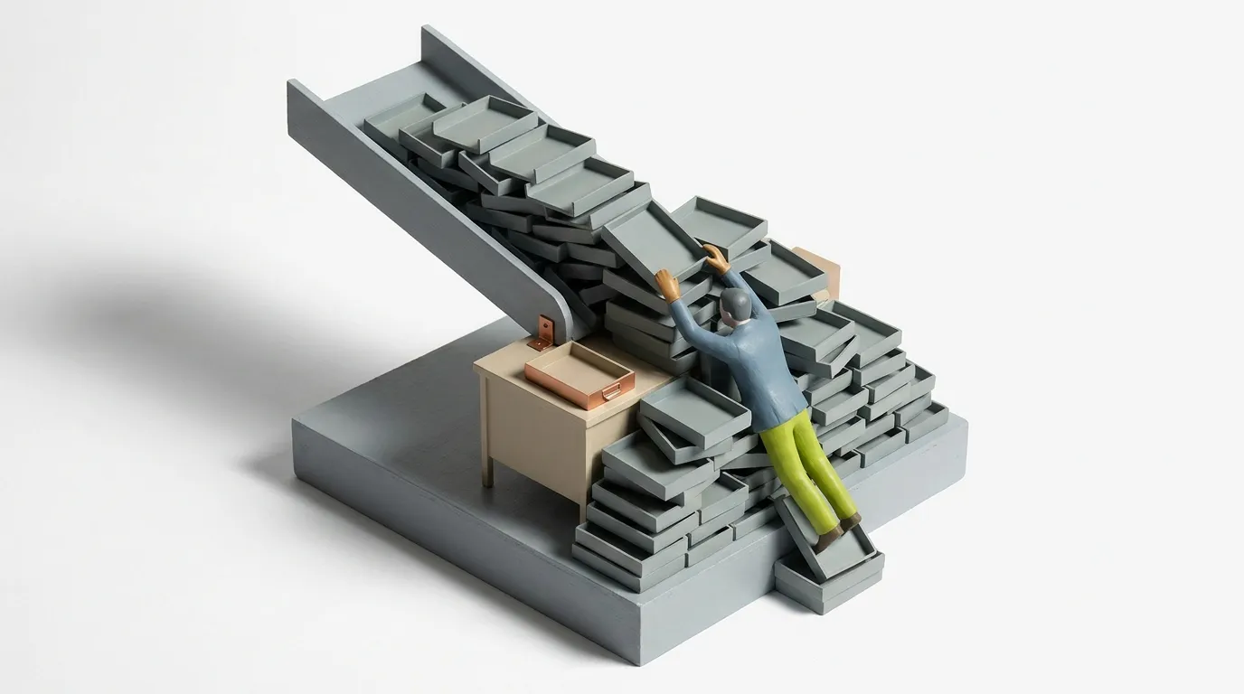 A miniature man is overwhelmed, trying to climb a mountain of gray trays cascading down a ramp.