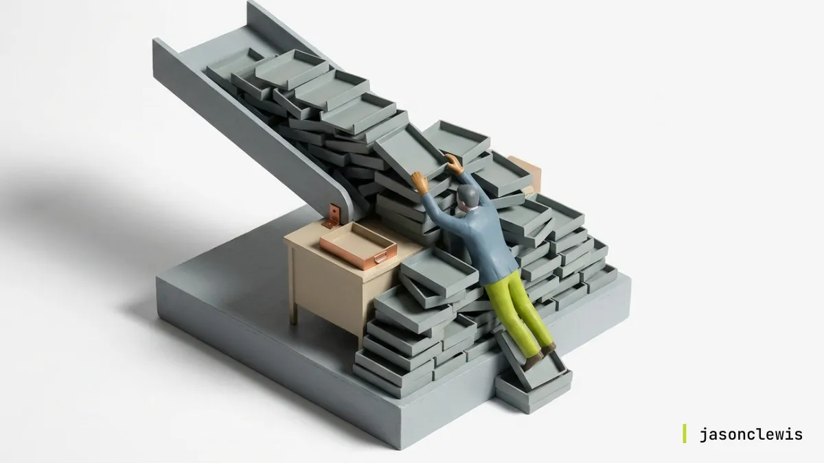 A miniature man is overwhelmed, trying to climb a mountain of gray trays cascading down a ramp.