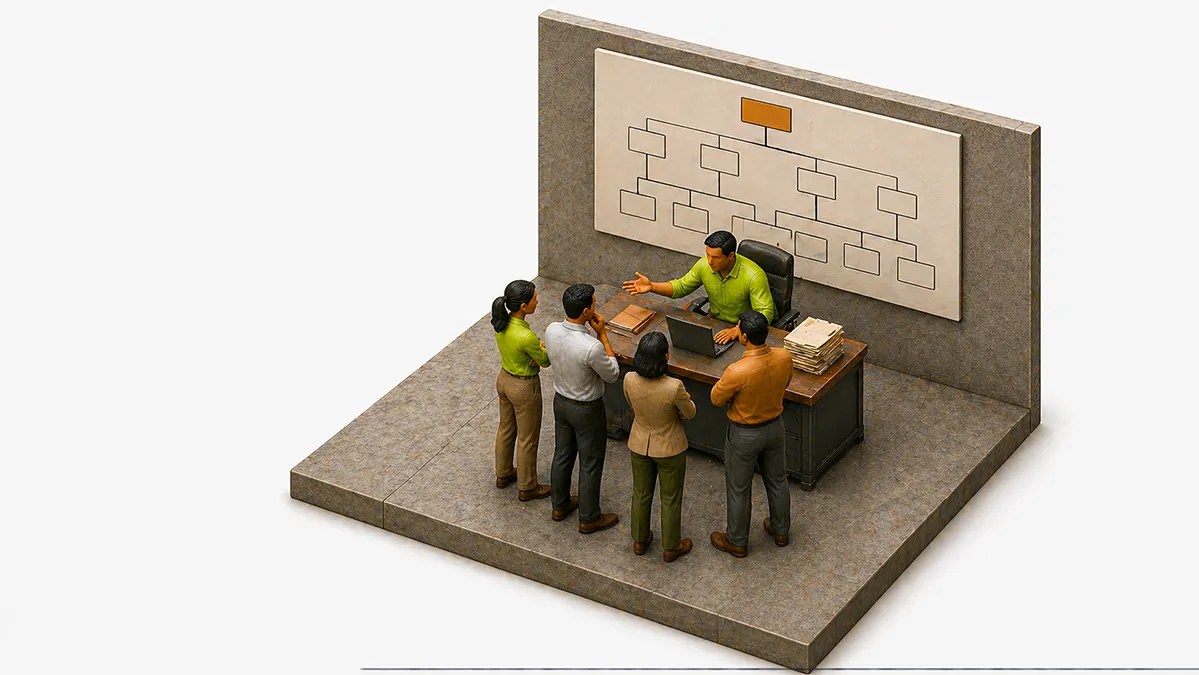 Diagram of a startup org chart fracturing along reporting lines as headcount grows from 50 to 150.