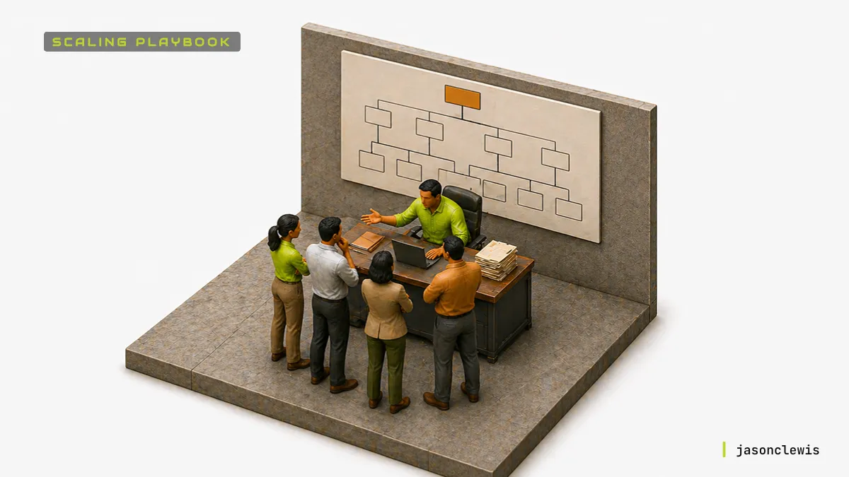 Diagram of a startup org chart fracturing along reporting lines as headcount grows from 50 to 150.