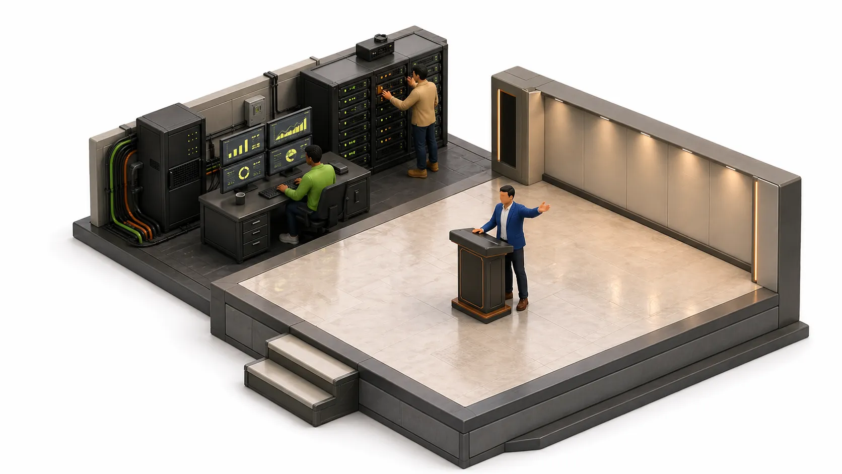 Operator monitoring dashboards showing AI workload metrics under real production traffic, contrasted with a conference stage in the background.