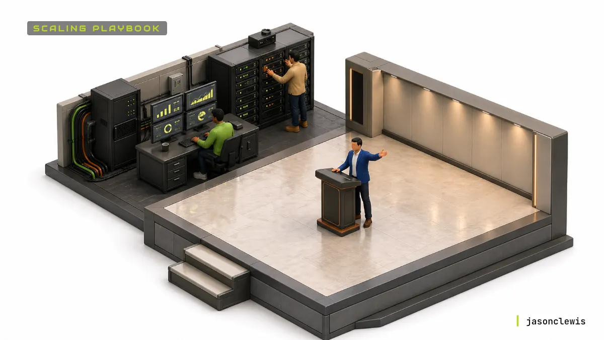 Operator monitoring dashboards showing AI workload metrics under real production traffic, contrasted with a conference stage in the background.