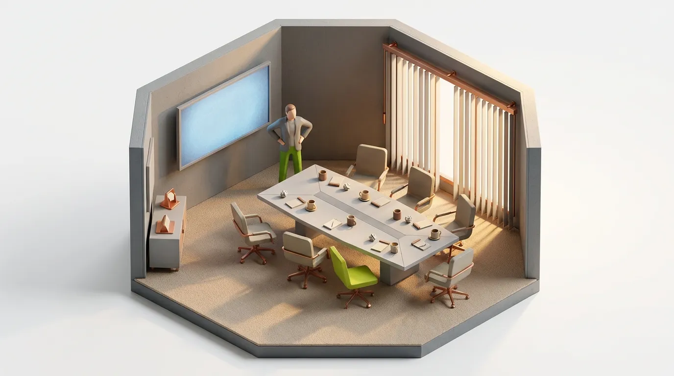 An executive across a conference table questioning a team presenting an AI proposal on a screen, weighing it with active judgment.