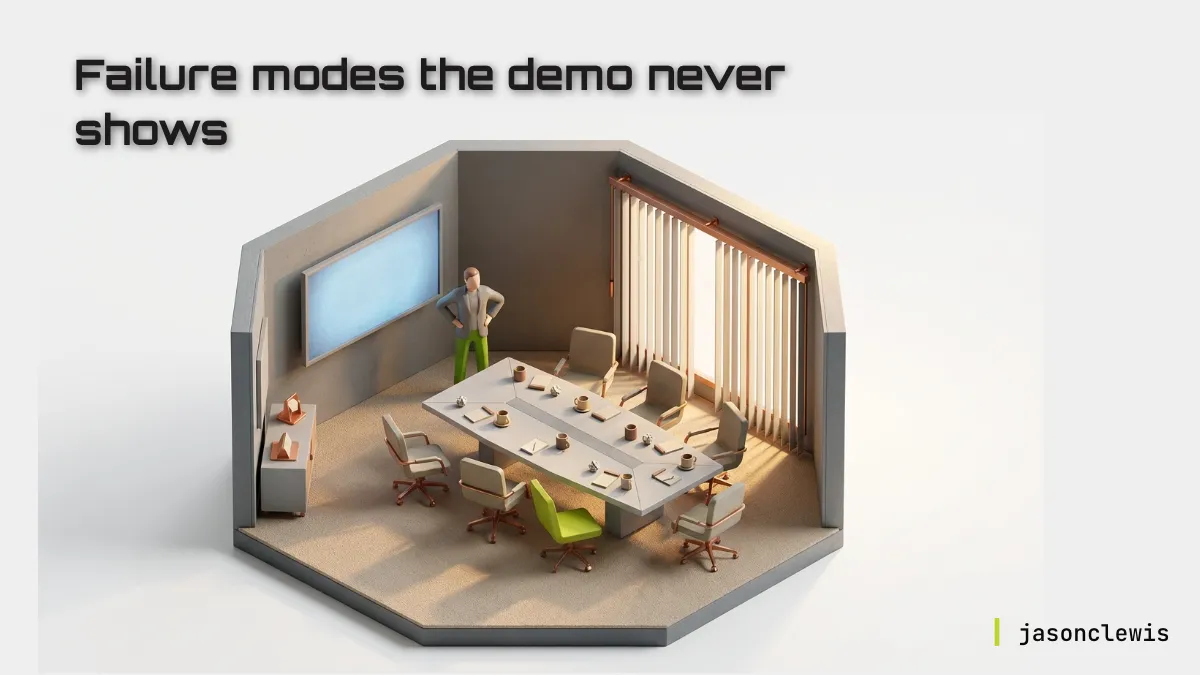 An executive across a conference table questioning a team presenting an AI proposal on a screen, weighing it with active judgment.