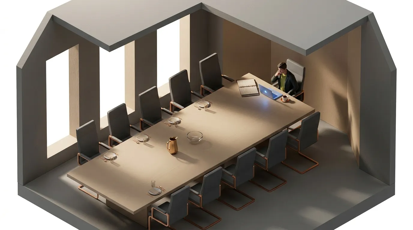 A polished slide deck on a boardroom screen contrasted with a handwritten decision list, illustrating the gap between strategy theater and a resourced plan.