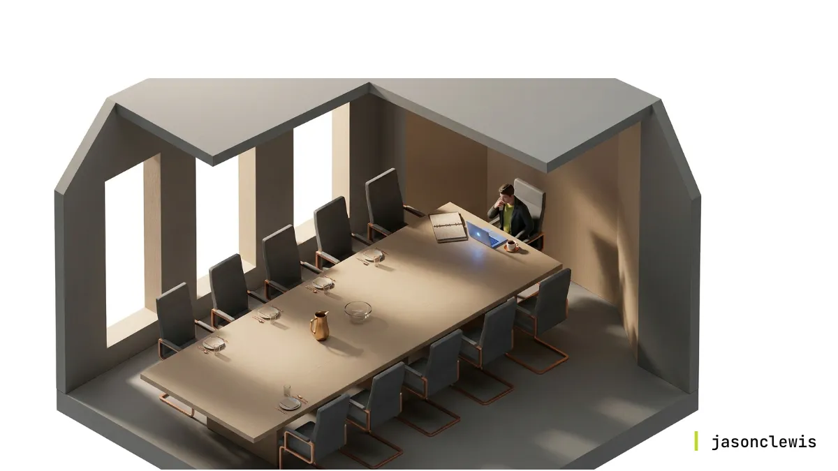 A polished slide deck on a boardroom screen contrasted with a handwritten decision list, illustrating the gap between strategy theater and a resourced plan.